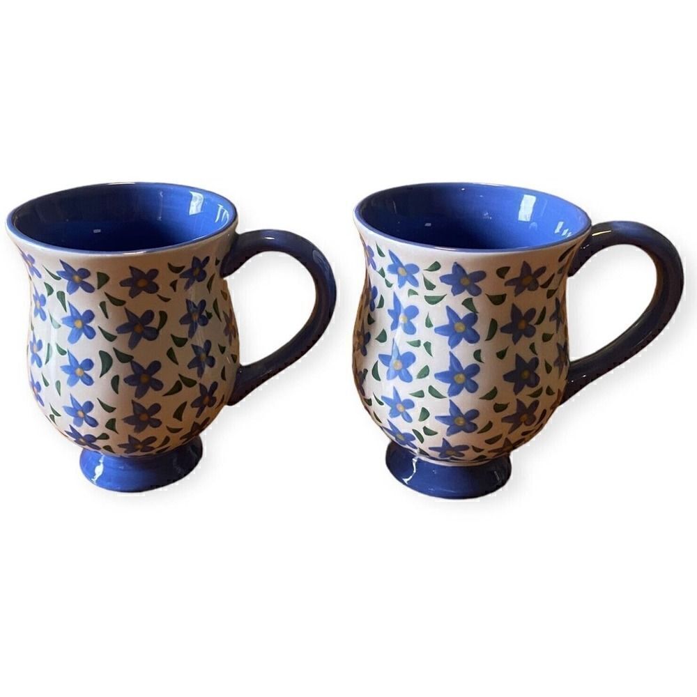 2 Steinberg Designs LLC Coffee Tea Mug w Pedestal Base in Blue With Florals